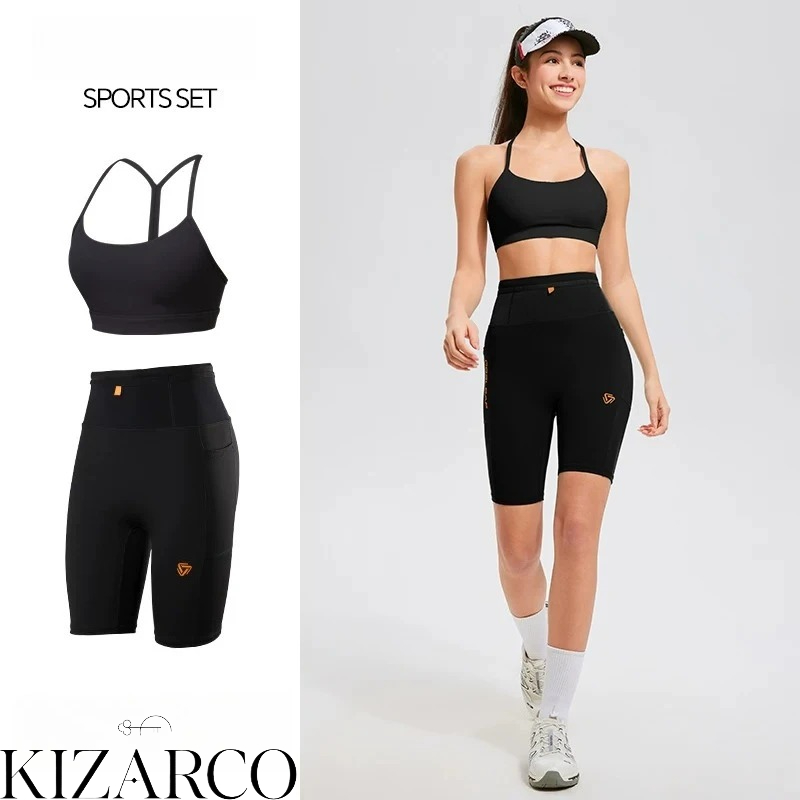 Crossfit Gym Gear - ชุดออกกำลังกายผู้หญิง เสื้อชั้นในกีฬาแบบไขว้หลัง กางเกงขาสั้นปั่นจักรยานเอวสูง แห้งเร็ว ระบายอากาศได้ดี ชุดออกกำลังกาย